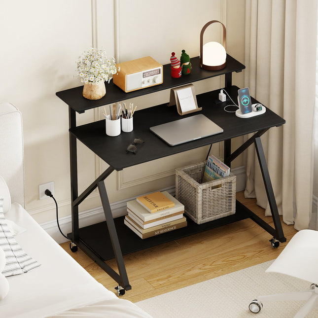 Rolling Computer Desk with Charging Station and Monitor Shelf Storage for Home Office