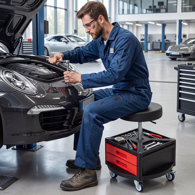 Rolling Mechanic Stool with Cushioned Seat & Tool Trays 330 LBS
