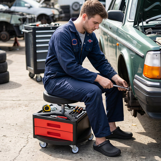 Rolling Mechanic Stool with Cushioned Seat & Tool Trays 330 LBS