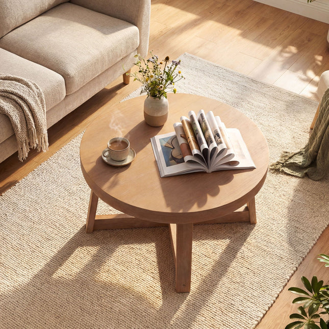 Round Coffee Table for Living Room 30 inch Farmhouse Accent Table with Study Rubber Wood Legs-Yellow