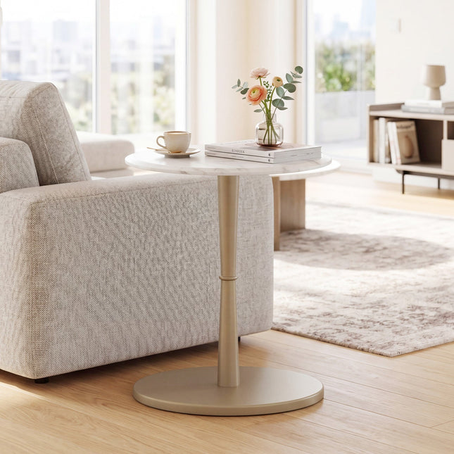 Round Marble Side Table with Stone Finish and Wooden Base for Small Spaces