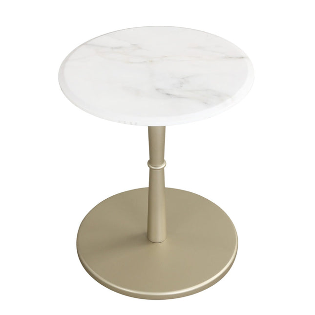 Round Marble Side Table with Stone Finish and Wooden Base for Small Spaces