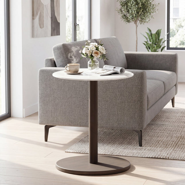 Round Marble Side Table Pedestal End Table with Stone Finish and Wooden