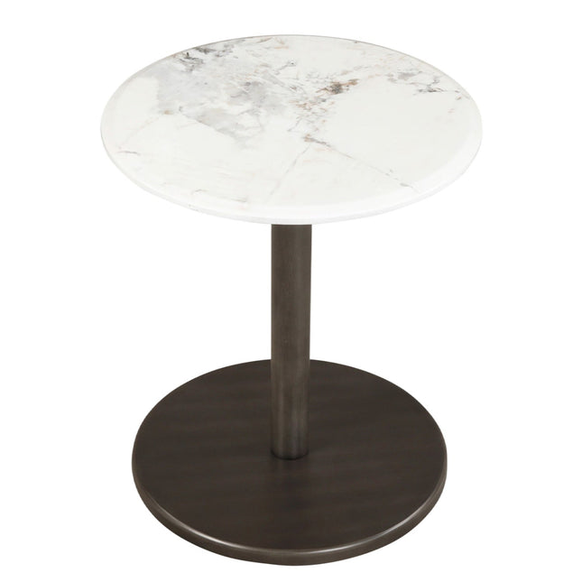 Round Marble Side Table Pedestal End Table with Stone Finish and Wooden