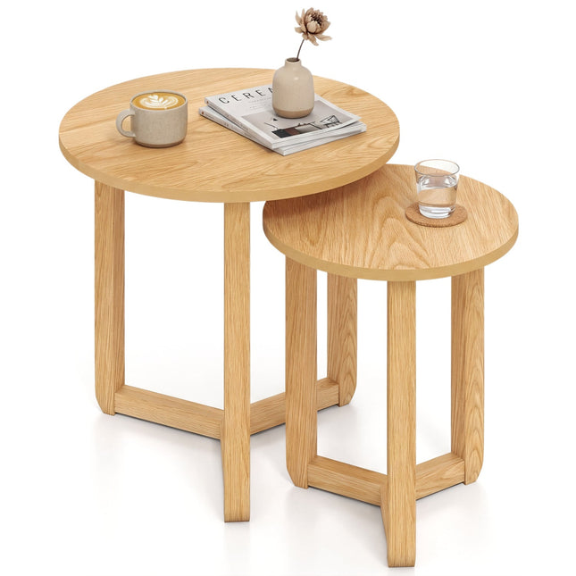 Round Nesting Coffee Table Set of 2 Wood Nesting End Tables with Thickened Top
