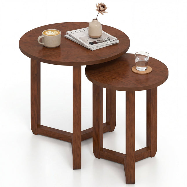 Round Nesting Coffee Table Set of 2 Wood Nesting End Tables with Thickened Top