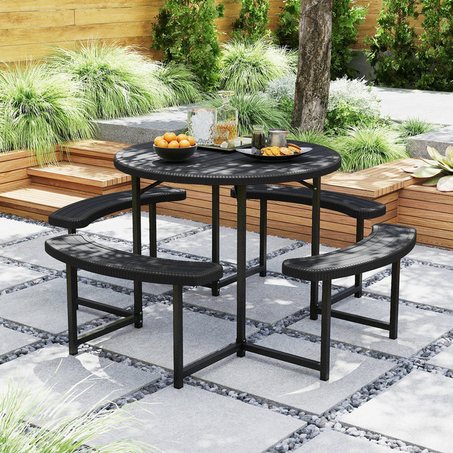 Round Picnic Table Bench Set with 4 Benches and Umbrella Hole for Patio Lawn