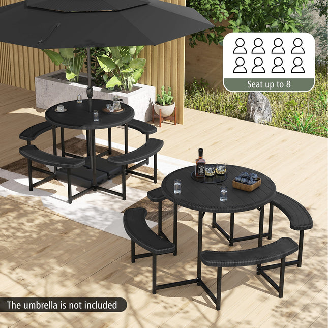 Round Picnic Table Bench Set with 4 Benches and Umbrella Hole for Patio Lawn