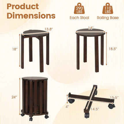 Round Portable Wood Nesting Stools with Locking Casters