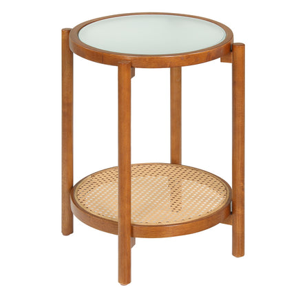 Round Side Table 2-Tier Boho End Table with Tempered Glass Top