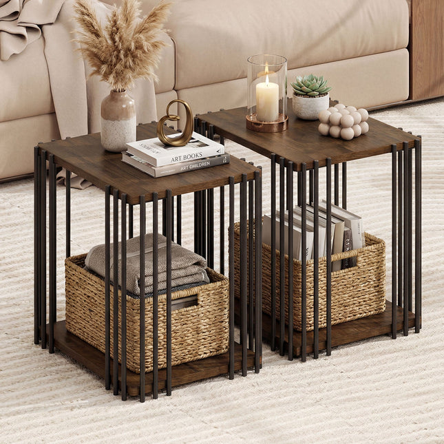 Rubber Wood Side Table Set of 2 with 2-Layer Storage Shelves and Metal Frame-Walnut