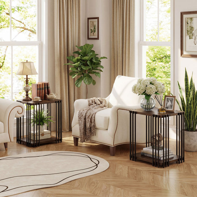 Rubber Wood Side Table Set of 2 with 2-Layer Storage Shelves and Metal Frame-Walnut