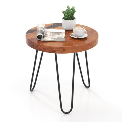 Rustic Round Solid Teak Wood Live Edge Outdoor Side End Table for Patio