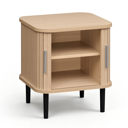 Fluted Nightstand with Sliding Doors and Adjustable Shelf