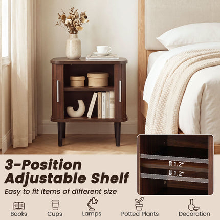 Fluted Nightstand with Sliding Doors and Adjustable Shelf