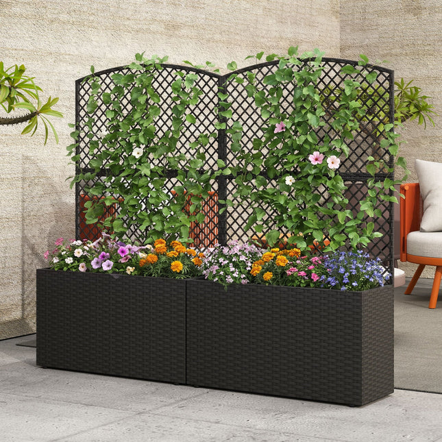 Set of 2 49 Inch Raised Garden Bed with Trellis and Wicker Planter Box