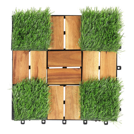 Acacia Wood Interlocking Deck Tiles with Artificial Grass