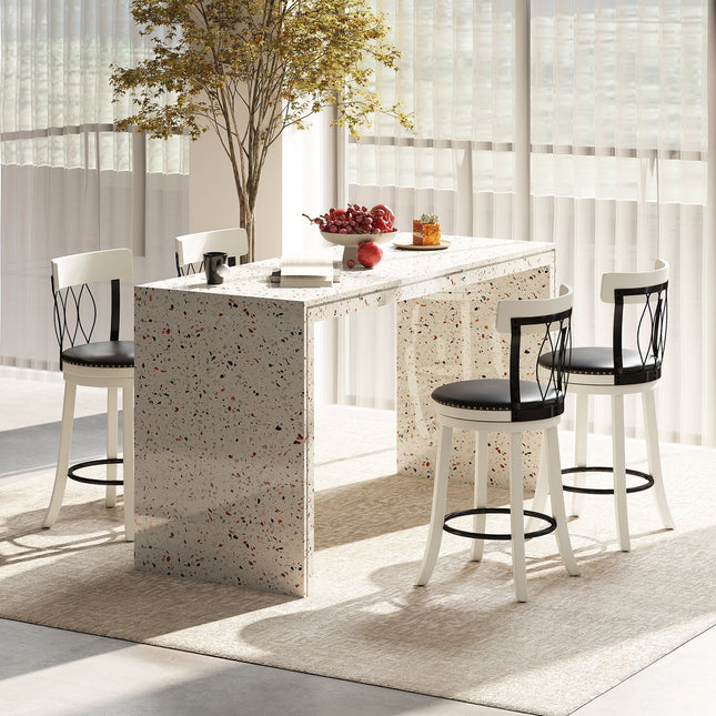 Set of 2 Bar Stools Swivel Bar Chairs with Footrest Rubber Wood Frame and Tufted Rivets