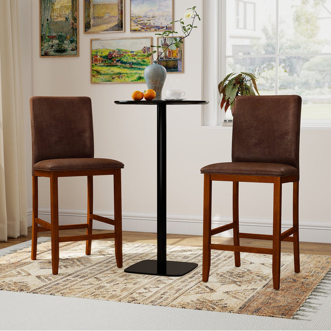 Set of 2 Counter Barstools with Rubberwood Legs and Upholstered Seat-Walnut