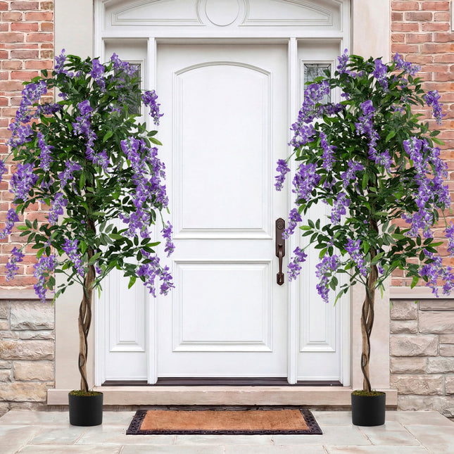 Set of 2 Fake Ficus Plant 6 FT Artificial Wisteria Tree with Natural Trunks and Purple Lifelike Flowers