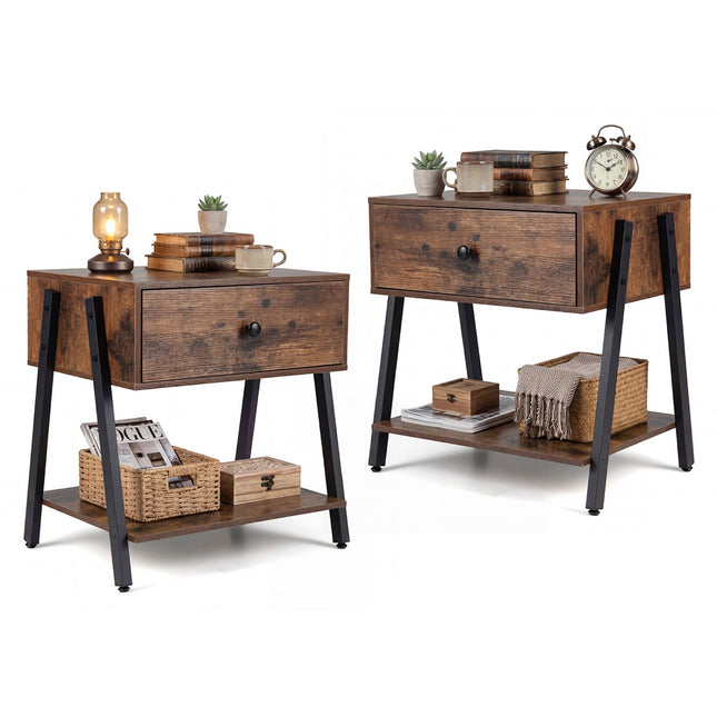 Industrial Nightstand Set of 2 with Drawer and Shelf