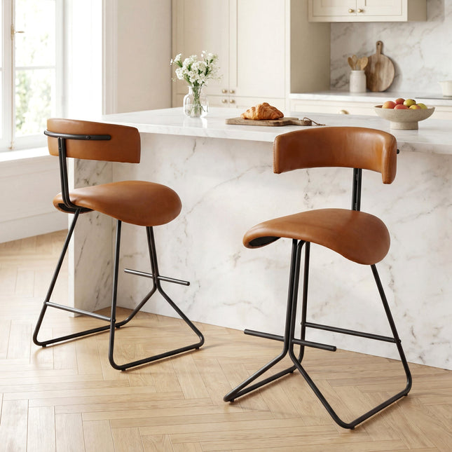 Set of 2 Modern Counter Height Stools 25 Inch Faux Leather Upholstered