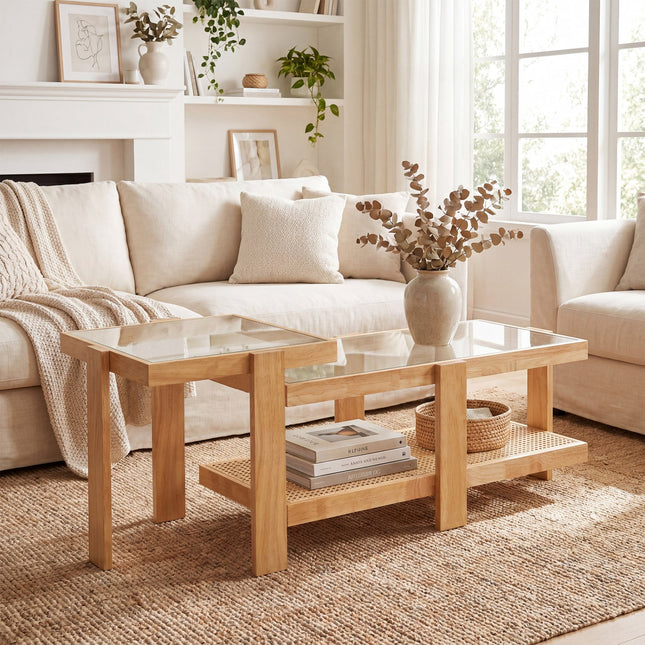 Nesting Coffee Tables Set of 2 with Rattan Shelf - Natural