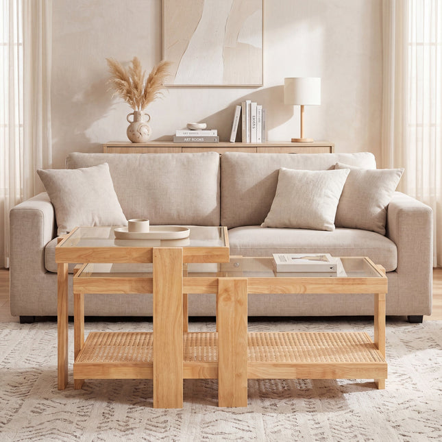 Nesting Coffee Tables Set of 2 with Rattan Shelf - Natural