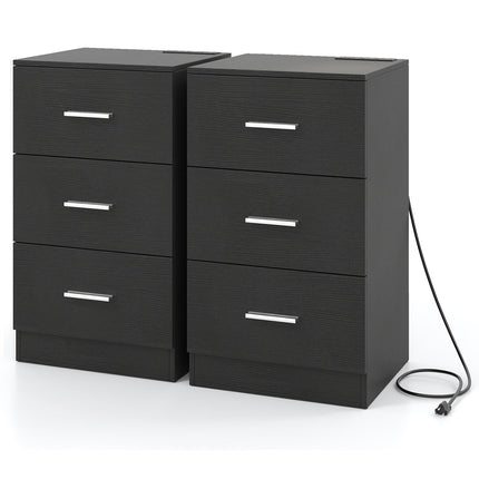 Set of 2 Nightstand with Charging Station End Table with 3 Storage Drawers Bedside Table for Bedroom
