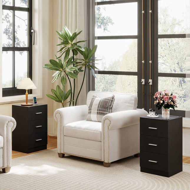 Set of 2 Nightstand with Charging Station End Table with 3 Storage Drawers Bedside Table for Bedroom