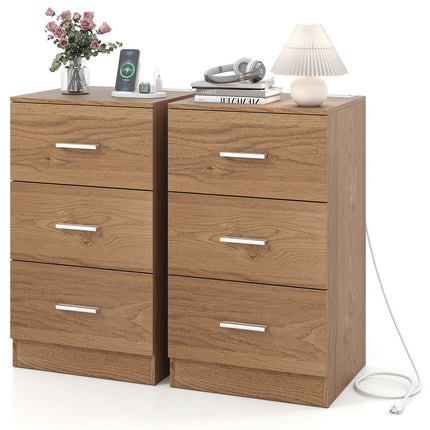 Set of 2 Nightstand with Charging Station End Table with 3 Storage Drawers Bedside Table for Bedroom
