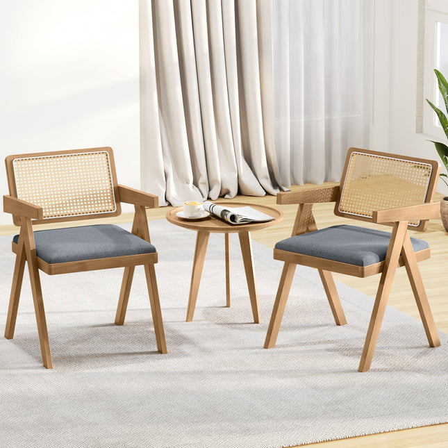 Set of 2 Rattan Accent Chairs with Padded Cushion and Rubber Wood Frame