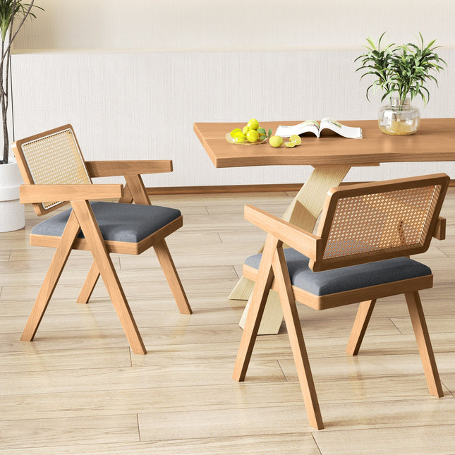 Set of 2 Rattan Accent Chairs with Padded Cushion and Rubber Wood Frame