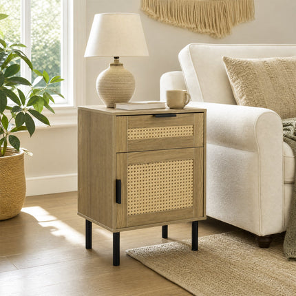 Rattan Nightstand Set of 2 with Drawer and Storage Cabinet