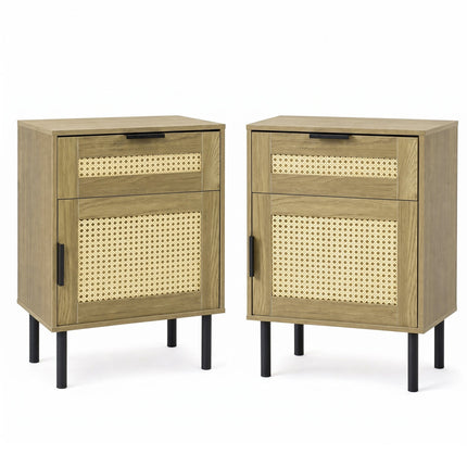 Rattan Nightstand Set of 2 with Drawer and Storage Cabinet