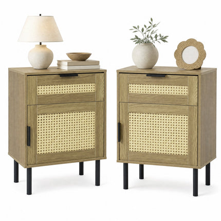 Rattan Nightstand Set of 2 with Drawer and Storage Cabinet