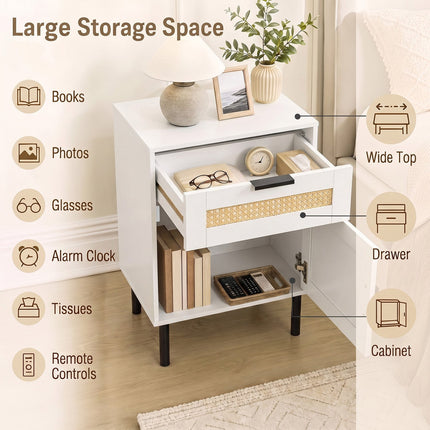Rattan Nightstand Set of 2 with Drawer and Cabinet - White