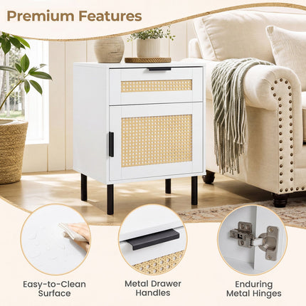 Rattan Nightstand Set of 2 with Drawer and Cabinet - White