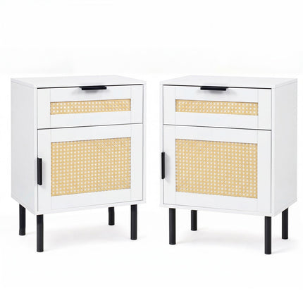 Rattan Nightstand Set of 2 with Drawer and Cabinet - White
