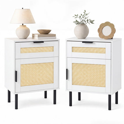 Rattan Nightstand Set of 2 with Drawer and Cabinet - White