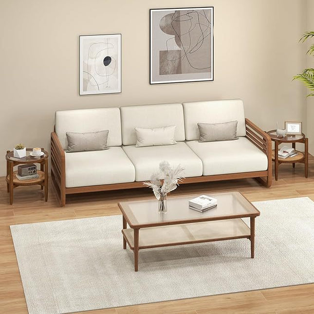 Round Rattan Side Table Set with Glass Top - Set of 2