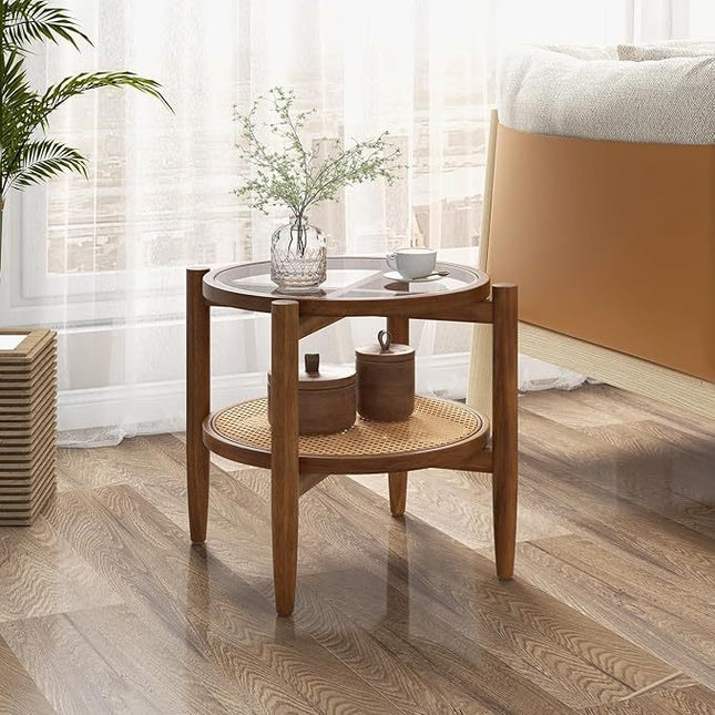 Round Rattan Side Table Set with Glass Top - Set of 2