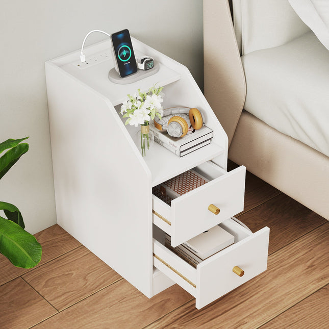 Set of 2 Side End Tables with Charging Station Sofa Couch Tables with Shelf Drawers