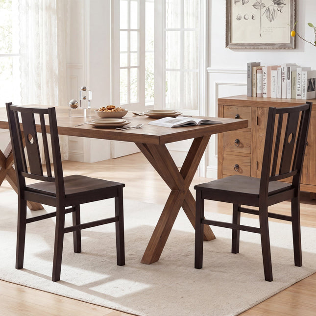 Solid Rubber Wood Dining Chairs Set of 2 with Slatted Back