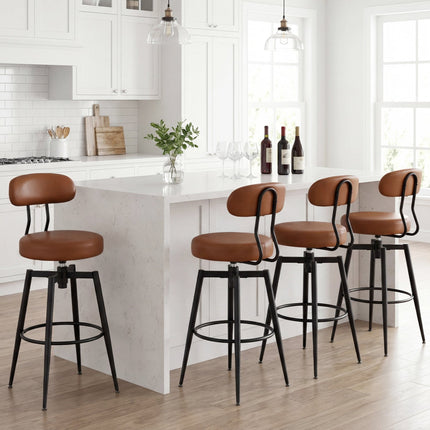 Set of 2 Swivel Barstools Faux Leather with Upholstered Seat and Back