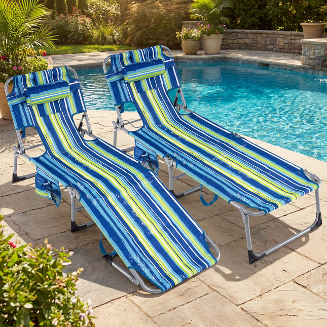 Set of 2 Tanning Chair Portable Chaise Lounge Chair with 4-Position Adjustable Backrest