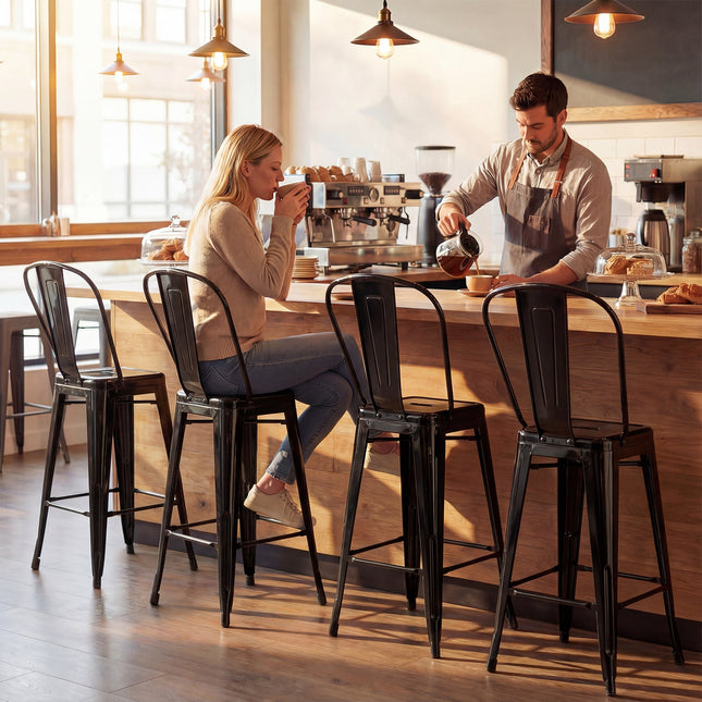 Set of 4 Metal Bar Stools with Backrests and Footrests