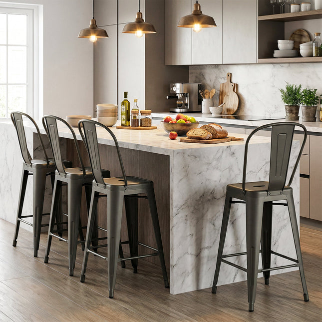 Set of 4 Metal Bar Stools with Backrests and Footrests
