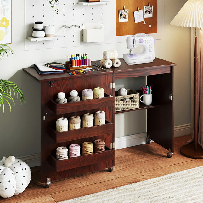 Folding Sewing Table with Charging Station and Casters