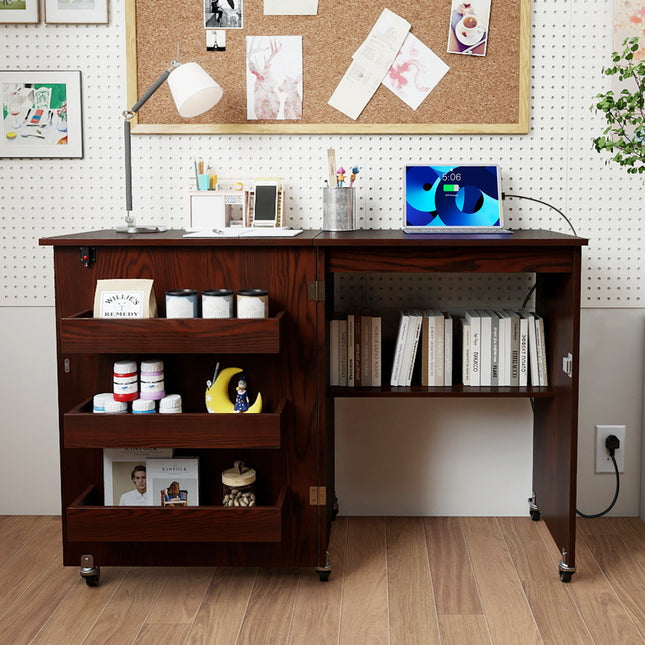 Folding Sewing Table with Charging Station and Casters